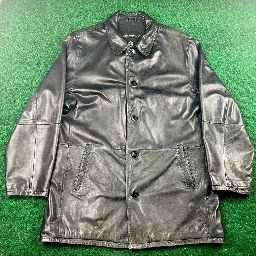 Men's Eddie Bauer Black Soft Lamb Leather Zip Up Jacket Wool Lined Size Large